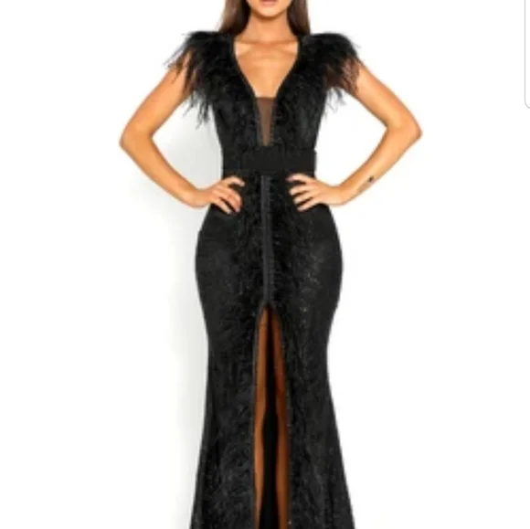 blue dress for baby girl Long Black Beaded Pageant Dress with Feathers– PromGirl main image 0